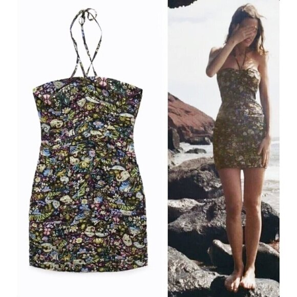 Zara Halter Tie Smocked Ruched Strapless Bodycon Floral Mini Dress Size Small - Picture 1 of 9